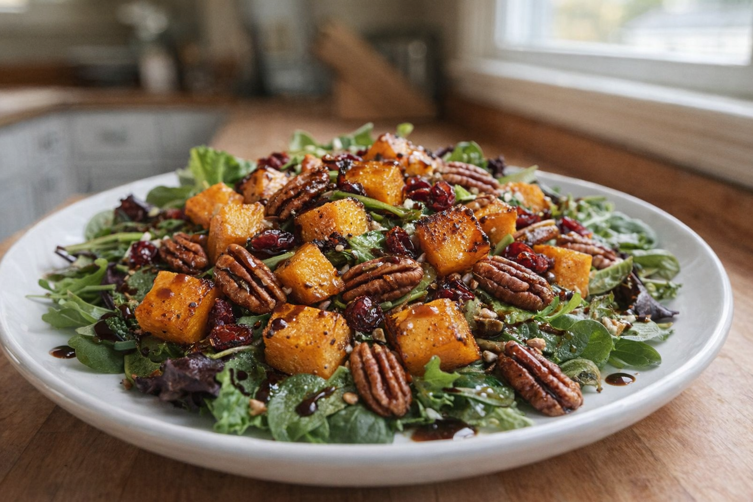 A plated roasted butternut squash salad with mixed greens, cranberries, pecans, and a balsamic vinaigrette, natural daylight
